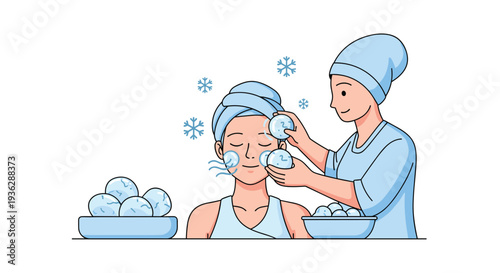 A cartoon woman receives a cold facial treatment with ice balls from another woman in a spa setting, Generative AI.