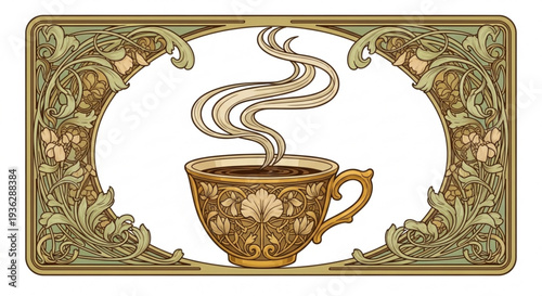 Steaming ornate golden coffee cup with floral pattern in decorative rectangular frame