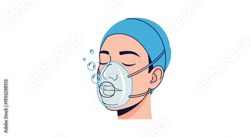 A person with closed eyes wears a blue surgical cap and an oxygen mask with three small bubbles floating near their mouth on a clean white background, Generative AI.