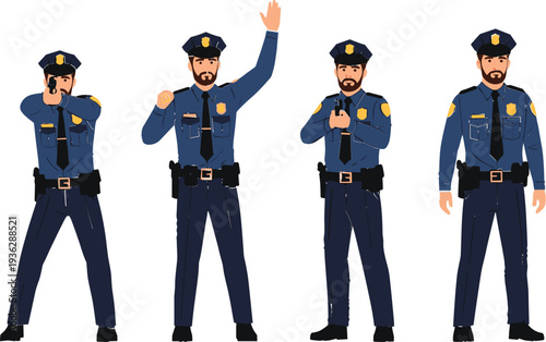 Police Officer Character Set Showing Different Gestures Including Stop Signal, Communication, and Patrol Standing Poses for Law Enforcement Illustration