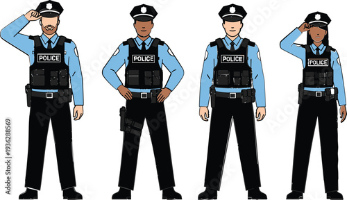 Set of Police Officer Characters in Uniform Showing Different Standing Poses for Law Enforcement, Security, and Public Safety Illustration Design
