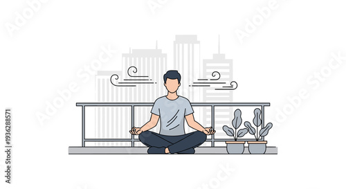 A man in a grey t-shirt and blue pants meditates in a lotus position on a balcony with a railing overlooking a cityscape with wind lines, Generative AI.