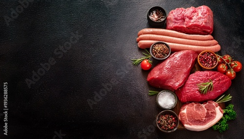 raw beef steaks different types of raw beef meat and chopped sausages n the dark table copy space
