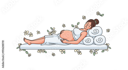 A pregnant woman with brown hair lies comfortably on a spa bed covered by a white towel cradling her belly surrounded by scattered flowers, Generative AI.