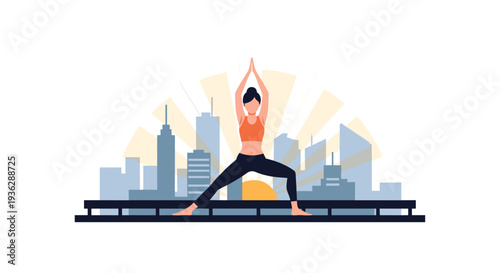 A woman practices a yoga pose with raised arms on a rooftop railing overlooking a city skyline with a rising sun, Generative AI.