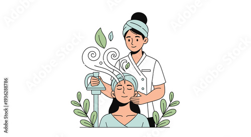 A spa therapist provides a facial steam treatment to a seated woman with a towel-wrapped head surrounded by green leaves, Generative AI.