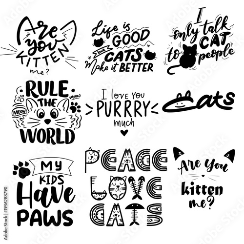 Playful cat lover quotes with creative lettering and doodles perfect for pet merchandise, posters and social graphics.