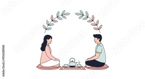 Two illustrated individuals are sitting cross-legged on cushions sharing tea with a teapot and cups between them, Generative AI.