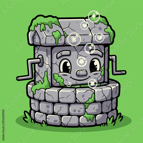 Cute Wishing Well Cartoon Mascot Illustration with Bubbles and Lucky Symbols on Vibrant Green Background