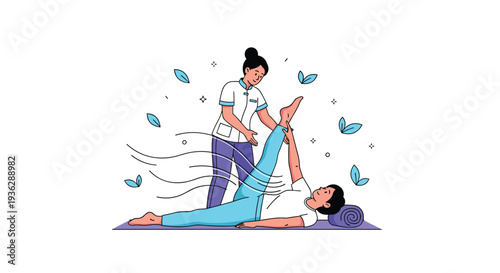 An illustrated therapist in a uniform is performing a leg stretch on a client lying on a mat with floating leaves, Generative AI.