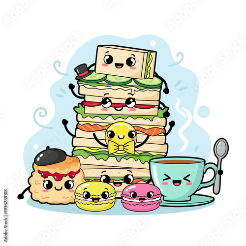 Happy Kawaii Afternoon Tea party illustration featuring stacked cartoon sandwiches, smiling macarons, scone, and friendly teacup characters.