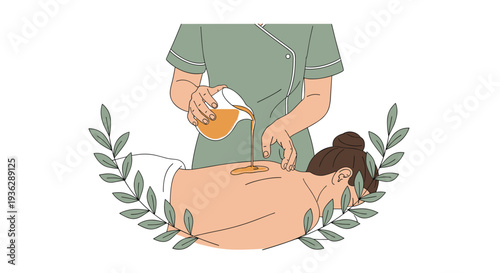 An illustrated therapist is pouring warm oil from a glass pitcher onto a woman's bare back on a massage table, Generative AI.