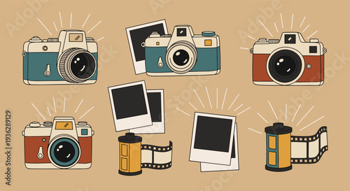 Retro cameras and film rolls collection vintage photography equipment and instant photo prints on a textured background