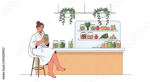 A woman in a white spa robe sits barefoot on a stool at a wooden counter sipping a green smoothie from a glass, Generative AI.