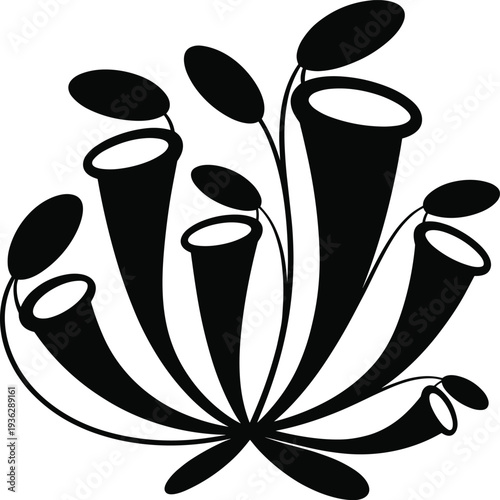Exotic Carnivorous Pitcher Plants Silhouette Vector Illustration, Tropical Nepenthes Botanical Icon, Unique Jungle Flora Graphic, Isolated Nature Education Science Design