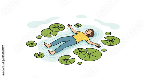 A person in a yellow shirt and blue pants floats on their back in calm water surrounded by green lily pads, Generative AI.