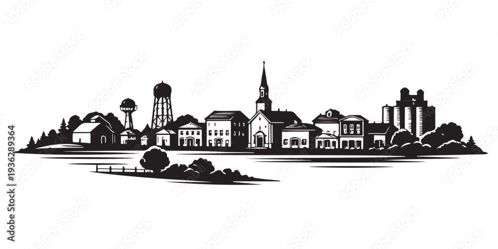Naklejka premium Midwest Small Town Skyline Silhouette, Silhouette Vector, Isolated on White Background