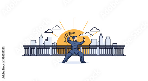 A man in a blue traditional uniform performs a Tai Chi pose on a bridge railing with a city skyline and sunrise, Generative AI.