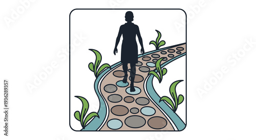 A dark silhouette of a person walks on a winding path composed of various sized stones framed within a rounded square, Generative AI.