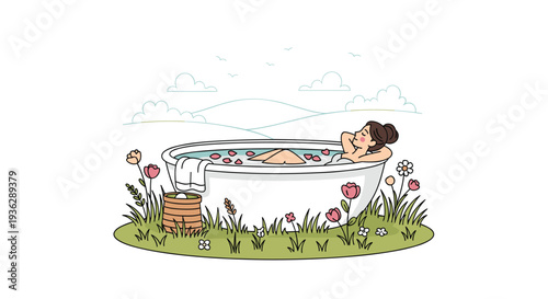 A cartoon woman with brown hair is relaxing in a white oval bathtub filled with water and pink rose petals surrounded by green grass and colorful flowers under a clear sky, Generative AI.