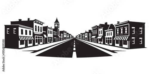 Classic American Main Street Silhouette, Silhouette Vector, Isolated on White Background