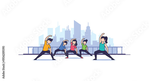 Five cartoon people three men and two women are performing side bend exercises on a grey platform with a railing in front of a blue city skyline, Generative AI.