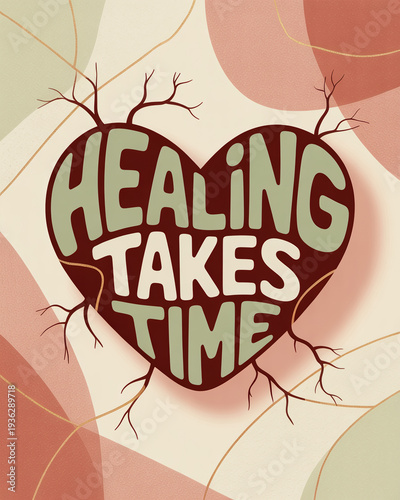 Typography artwork of healing takes time phrase with kintsugi heart for emotional recovery