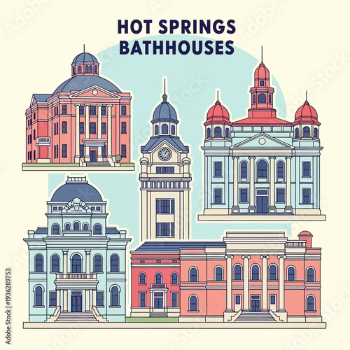 Historic Hot Springs Bathhouses Architecture Set, Arkansas Landmark Buildings - Flat Line Art Illustration