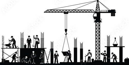Construction workers and tower crane building site industrial teamwork silhouette vector illustration isolated on white background