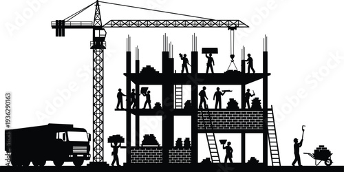 Construction workers building house with tower crane truck and scaffolding industrial silhouette vector illustration isolated