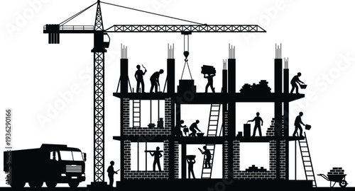 Construction workers building multi story house with tower crane truck and scaffolding silhouette vector illustration