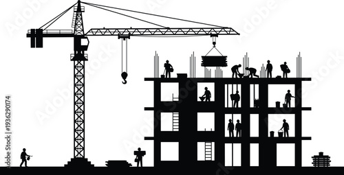 Construction workers building multi story structure with tower crane industrial site silhouette vector illustration isolated