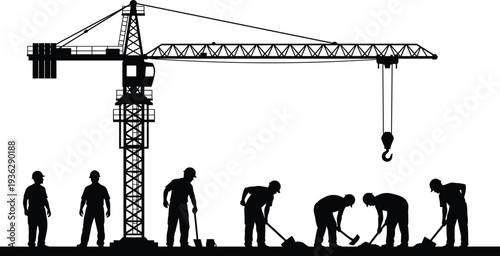 Construction workers digging ground with tools under tower crane industrial silhouette vector illustration isolated
