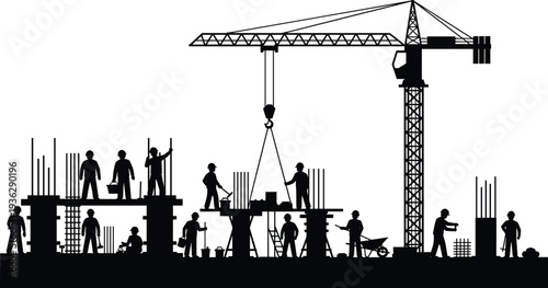 Construction workers building structure with tower crane industrial labor silhouette vector illustration isolated on white background