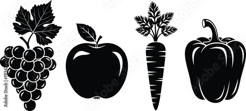 Fruits and vegetables silhouette set including grapes apple carrot and bell pepper vector illustration