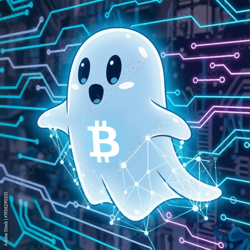 Cute Bitcoin Ghost Mascot on Digital Circuit Board. Anonymous Crypto and Blockchain Technology Concept Art.