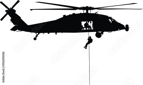 Military helicopter rescue operation with soldier rappelling rope silhouette vector illustration isolated on white