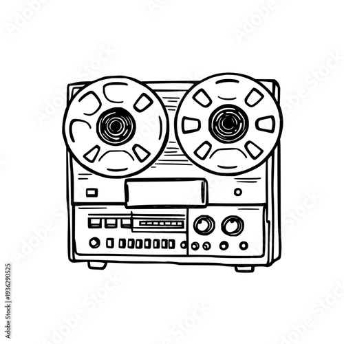 Vintage reel-to-reel tape recorder doodle illustration, thick lines, retro audio feel, white background, perfect for music, tech, or nostalgic designs