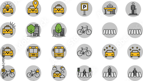 Urban transportation and city mobility icon set with taxi bus bicycle parking pedestrian crossing vector