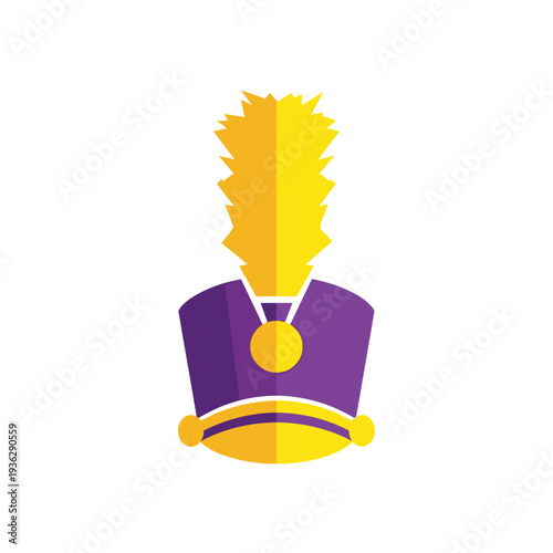 Colorful marching band hat with yellow feather, isolated on a white background, featuring bold purple and yellow design