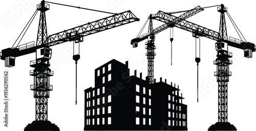 Tower cranes building multi story construction structure industrial development silhouette vector illustration isolated on white
