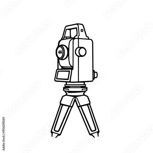 Geometric vector icon of surveyor's total station mounted on tripod, civil engineering design illustration, clean line art, white background