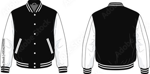 Varsity bomber jacket front and back view classic college style apparel vector illustration isolated