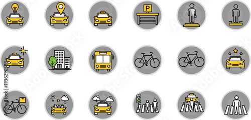 Urban transportation and mobility icon set with taxi bicycle bus parking pedestrian crossing flat vector