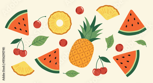 vibrant assortment of fresh tropical fruits and berries arranged in a playful pattern on a light background