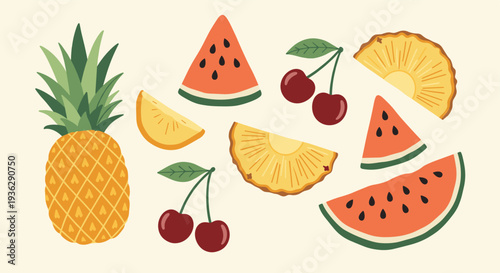 Vibrant assortment of tropical fruits including pineapple watermelon and cherries creating a refreshing summer theme