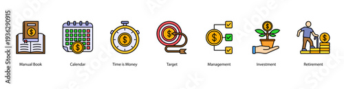 Time and Investment web banner vector illustration featuring Manual Book, Calendar, Time is Money, Target, Management, Investment, and Retirement.