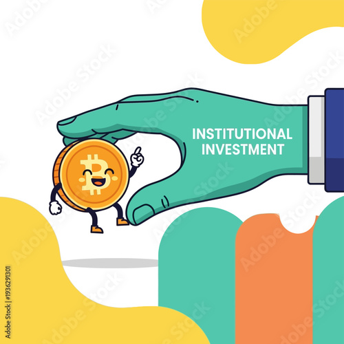 Institutional Investment in Bitcoin Cryptocurrency Market. Big investor hand holding happy BTC coin mascot.