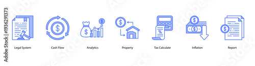 Financial Operations web banner vector illustration featuring Legal System, Cash Flow, Analytics, Property, Tax Calculate, Inflation, and Report.