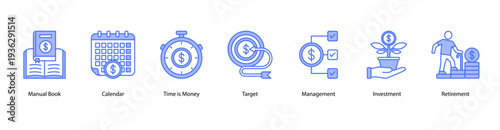 Time and Investment web banner vector illustration featuring Manual Book, Calendar, Time is Money, Target, Management, Investment, and Retirement.